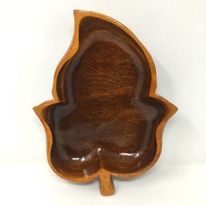 Vintage Hand Carved Monkey Pod Acacia Wood Leaf Bowl